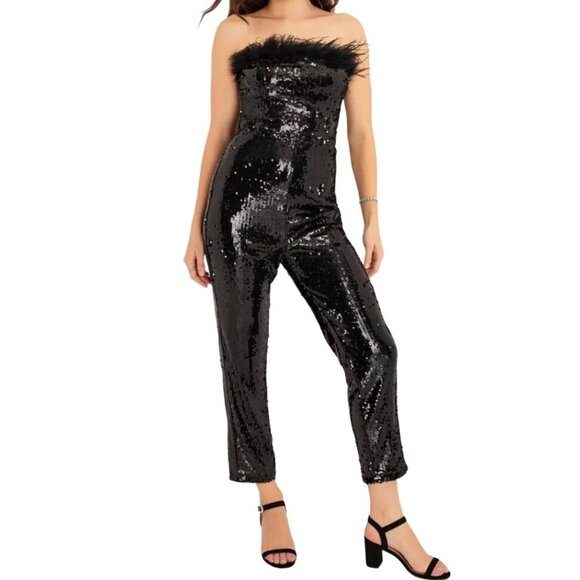 Lulus Strapless Black Sequin Jumpsuit With Ostrich Feather Trim Large NWT - Picture 1 of 12